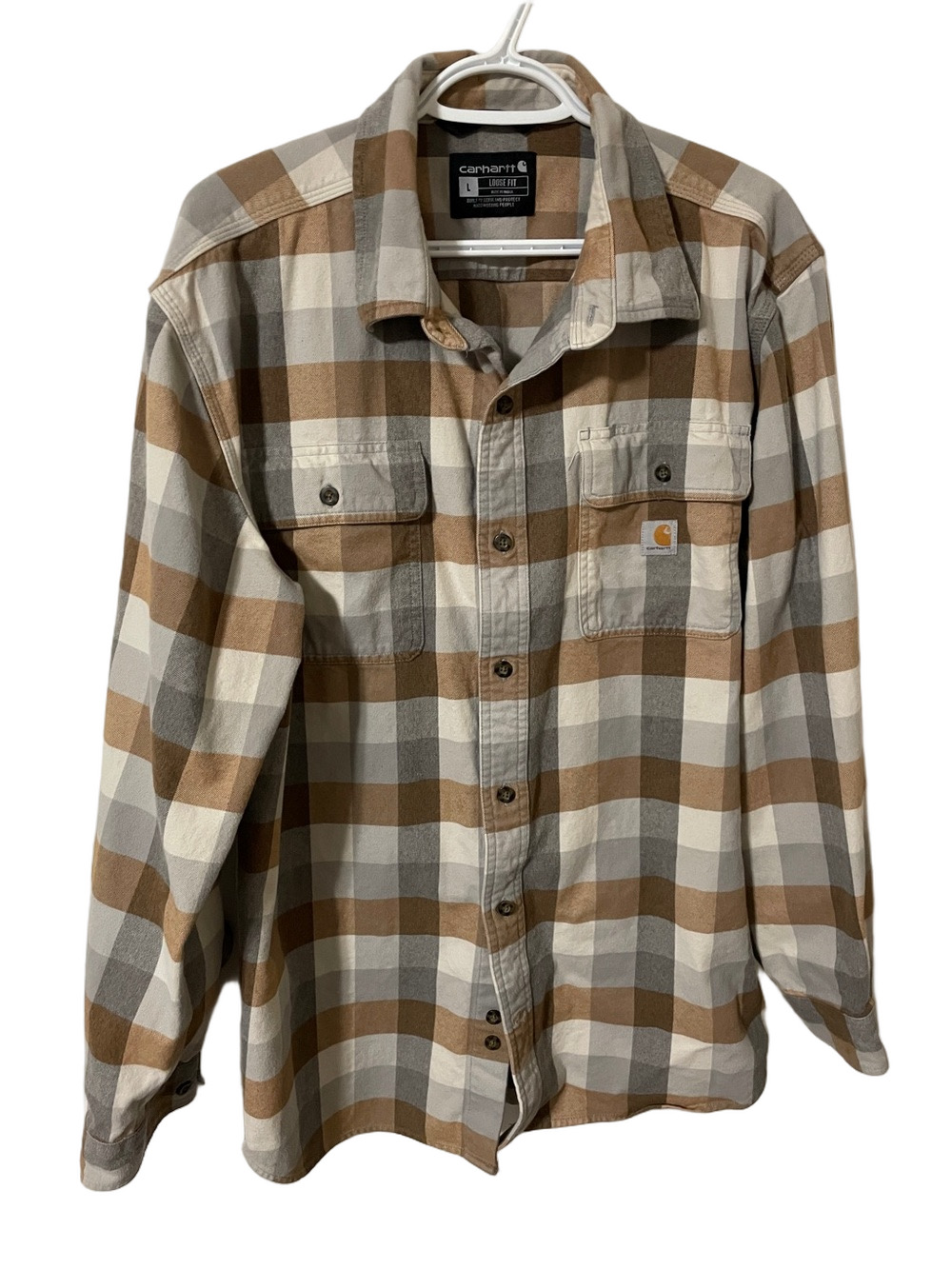 Carhartt Flannel Tan, Brown & Grey Plaid Shirt Size Large